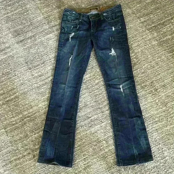 Paige low rise bootcut, distressed dark wash jeans - Picture 1 of 7